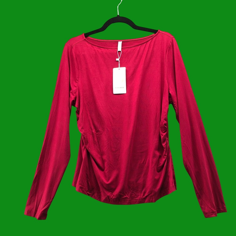 NWT KIRUNDO Ruched Side Long Sleeve T-Shirt Womens XL Dark Red Wine Boat Neck